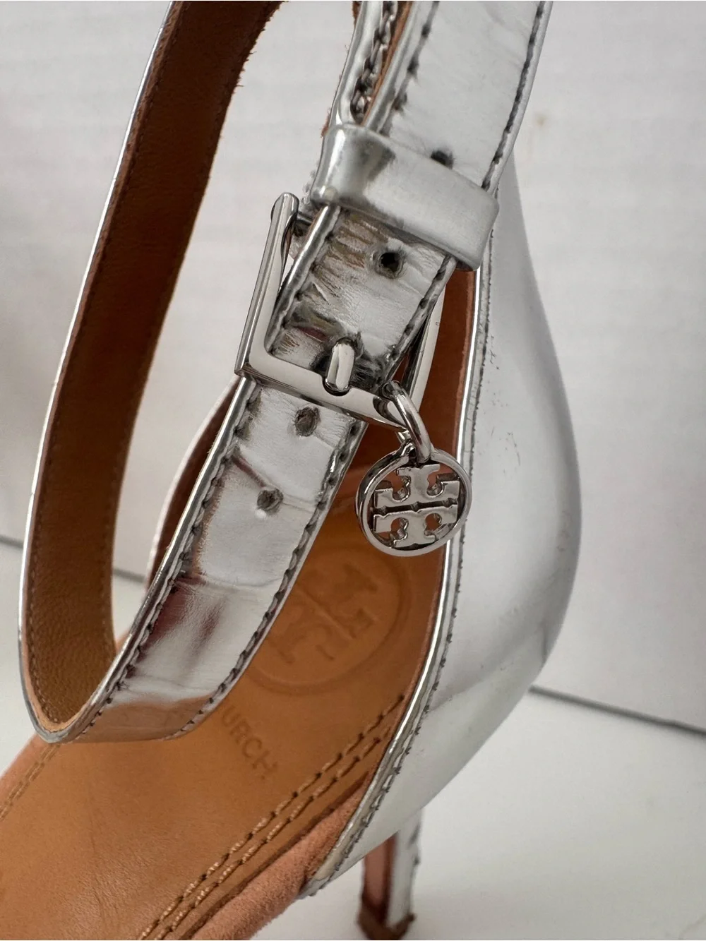 Tory Burch Ellie 85mm Silver Metallic Tan Suede Ankle Strap Sandals Heels 7M